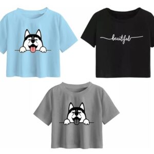 100LUCK Girls Half Sleeve Printed Cotton Crop Top Pack of 3-Multicolor