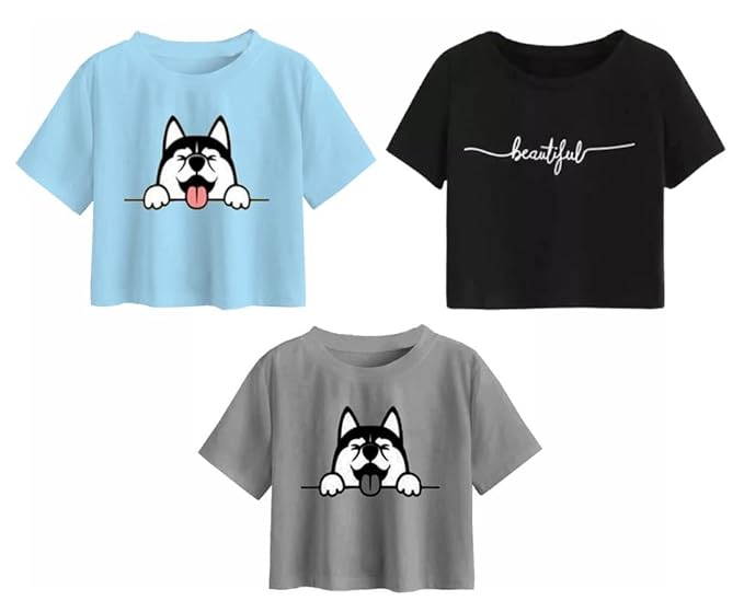 100LUCK Girls Half Sleeve Printed Cotton Crop Top Pack of 3-Multicolor