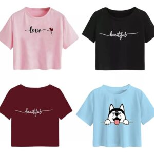 100LUCK Girls Half Sleeve Printed Cotton Regular Fit Crop Top Pack of 4-Multicolor, 11-12 Years