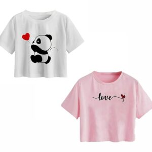 100LUCK Girls Half Sleeve Printed Cotton Regular Fit Crop Top Pack Of 2-Multicolor,12-13 Years