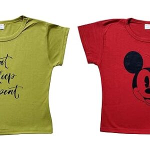 100LUCK Crop Top Printed Half Sleeve Round Neck T Shirt for Girls Combo