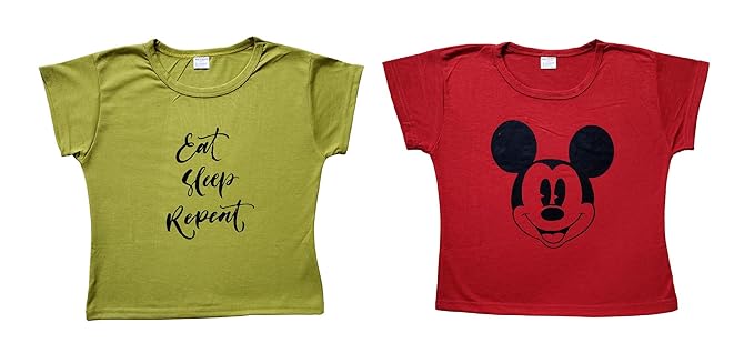 100LUCK Crop Top Printed Half Sleeve Round Neck T Shirt for Girls Combo