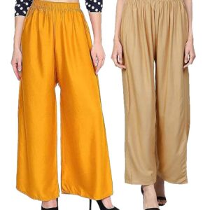 Women's & Girl's Stylish Rayon Flared Palazzo |Trendy Plazzo Pants | Trousers for Women | Relaxed Fit Solid Color Ethnic Wear Ankel Length Palazzos | 28 to 32 Waist Size. Combo 2